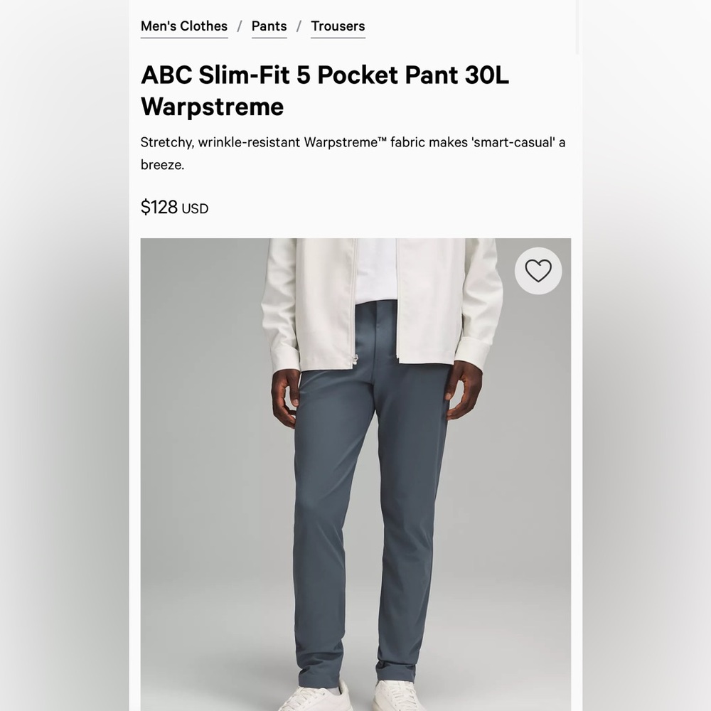 lululemon men’s Navy ABC Slim-Fit 5 Pocket Pant 30L
Warpstreme